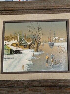 Vintage Winter Ice Skaters Framed Canvas Wall Art - Stamped Made In Mexico 4-G